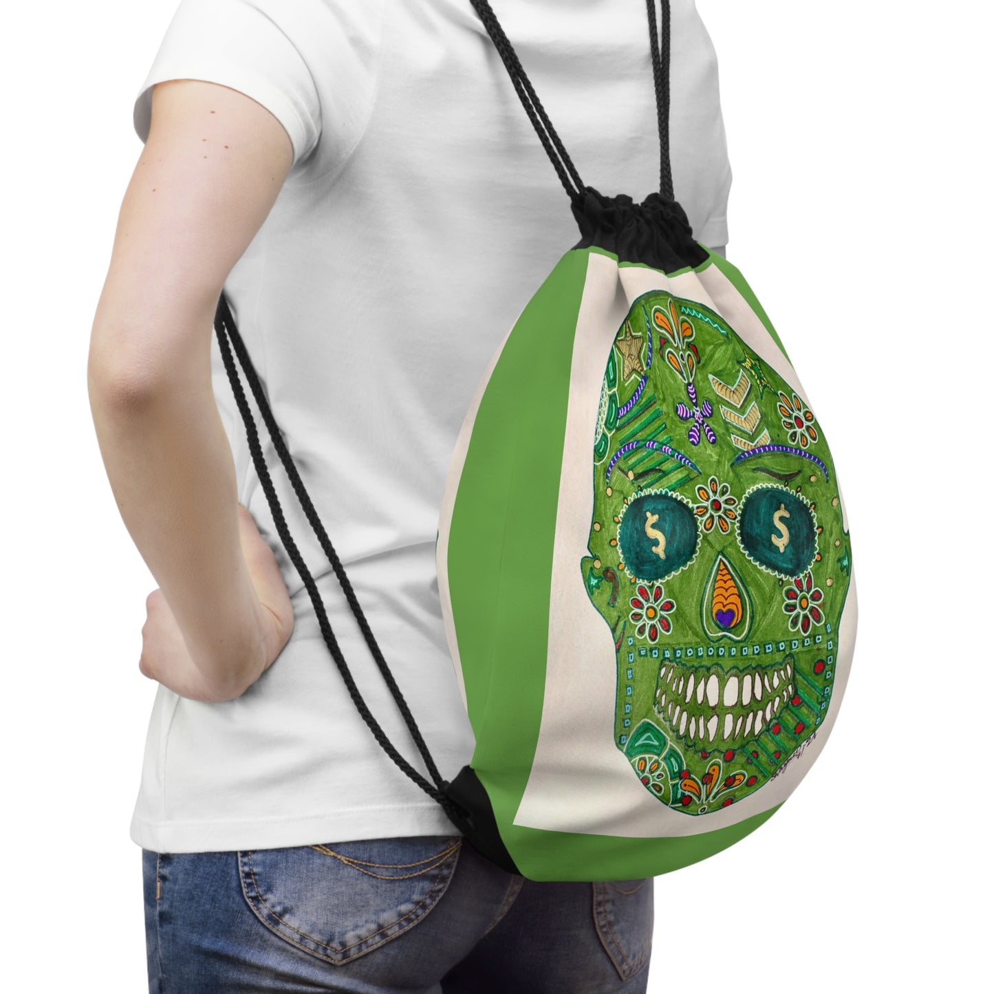 Green Machine Skull Doodle by Sharmaine Rayner Drawstring Bag