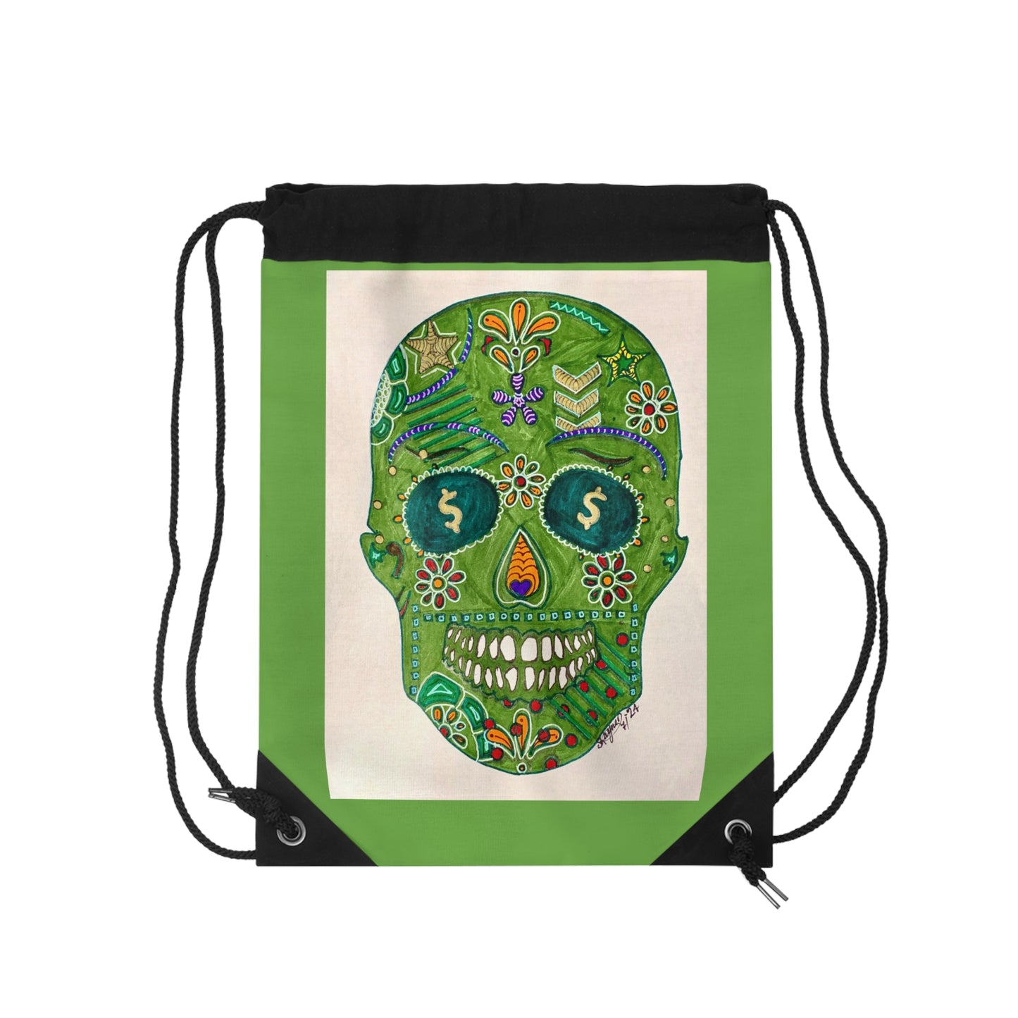Green Machine Skull Doodle by Sharmaine Rayner Drawstring Bag