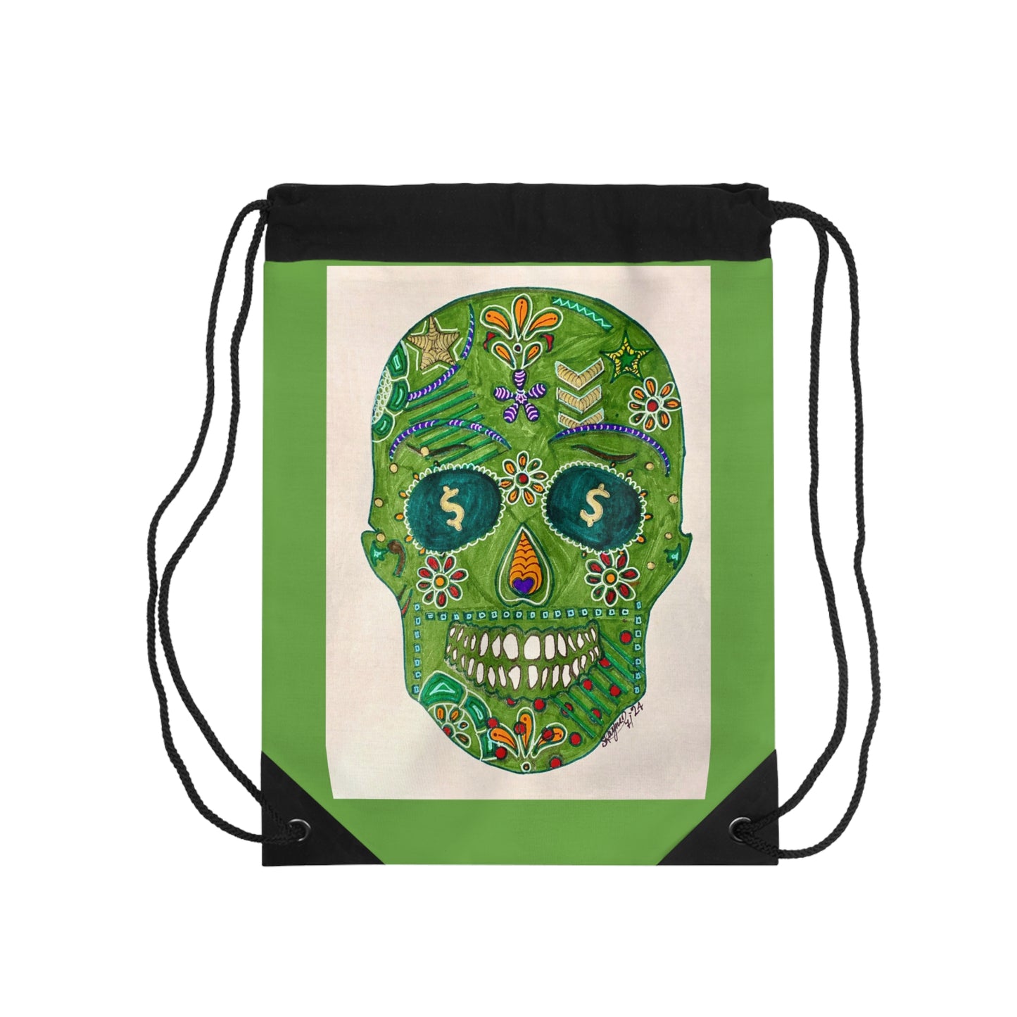Green Machine Skull Doodle by Sharmaine Rayner Drawstring Bag