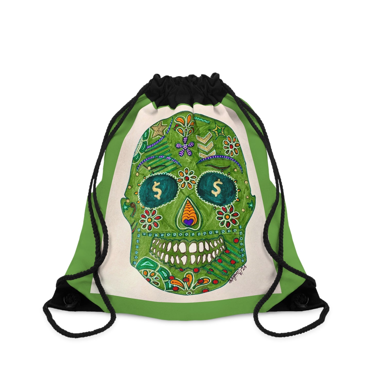 Green Machine Skull Doodle by Sharmaine Rayner Drawstring Bag