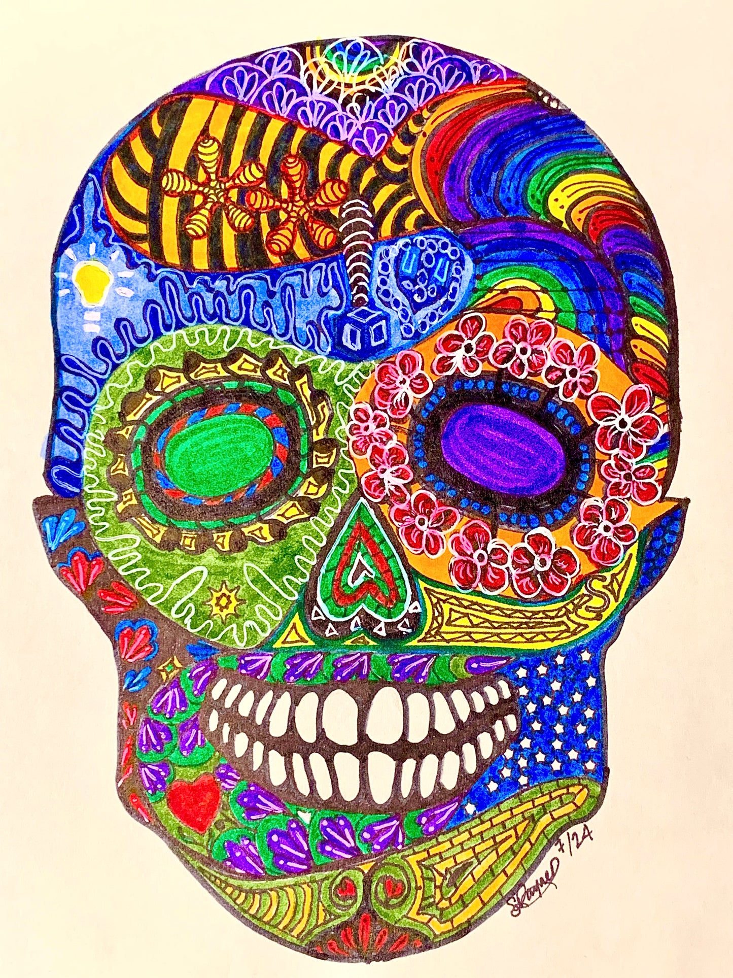 Hippy Sugar Skull Drawing/ Doodle by Sharmaine Rayner