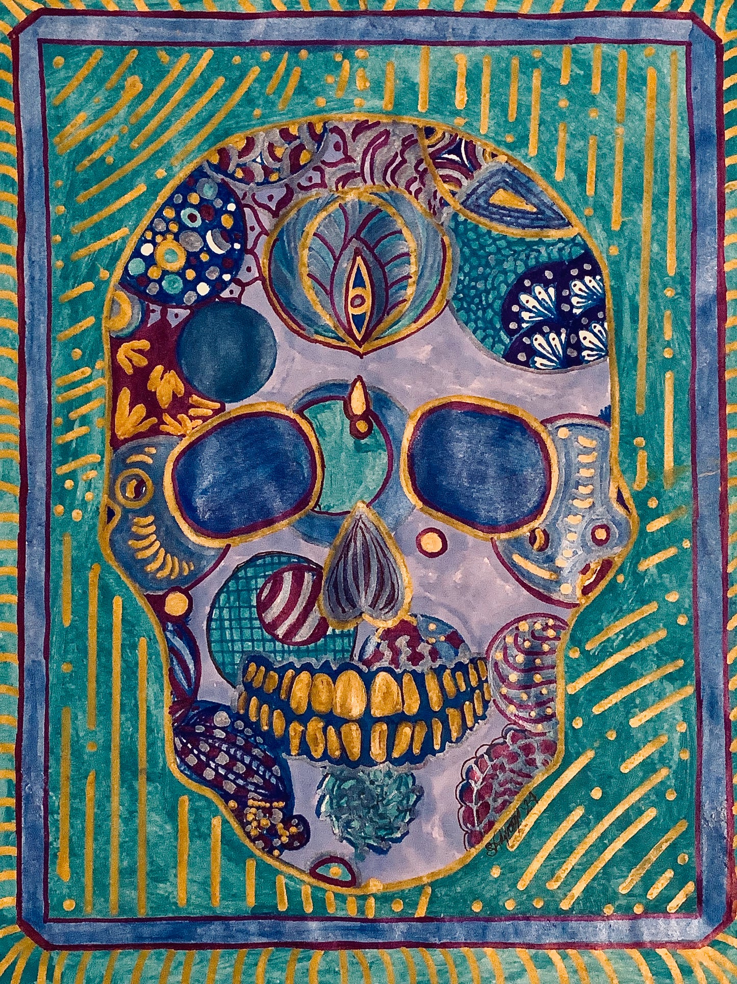 Turquoise Metallic "Sugar Skull" Drawing/ Doodle on Paper