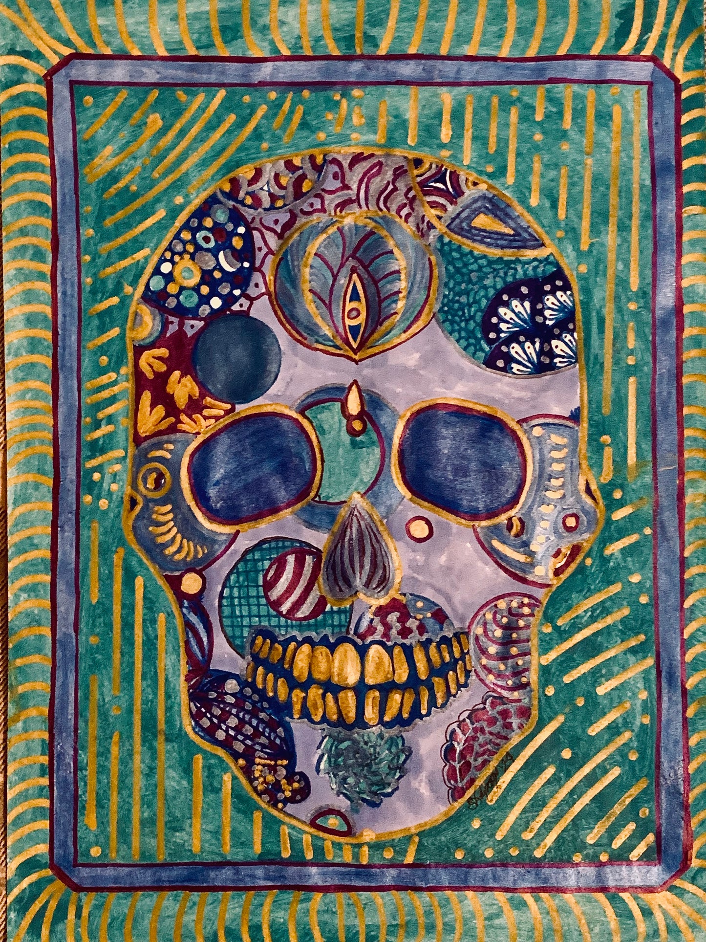 Turquoise Metallic "Sugar Skull" Drawing/ Doodle on Paper