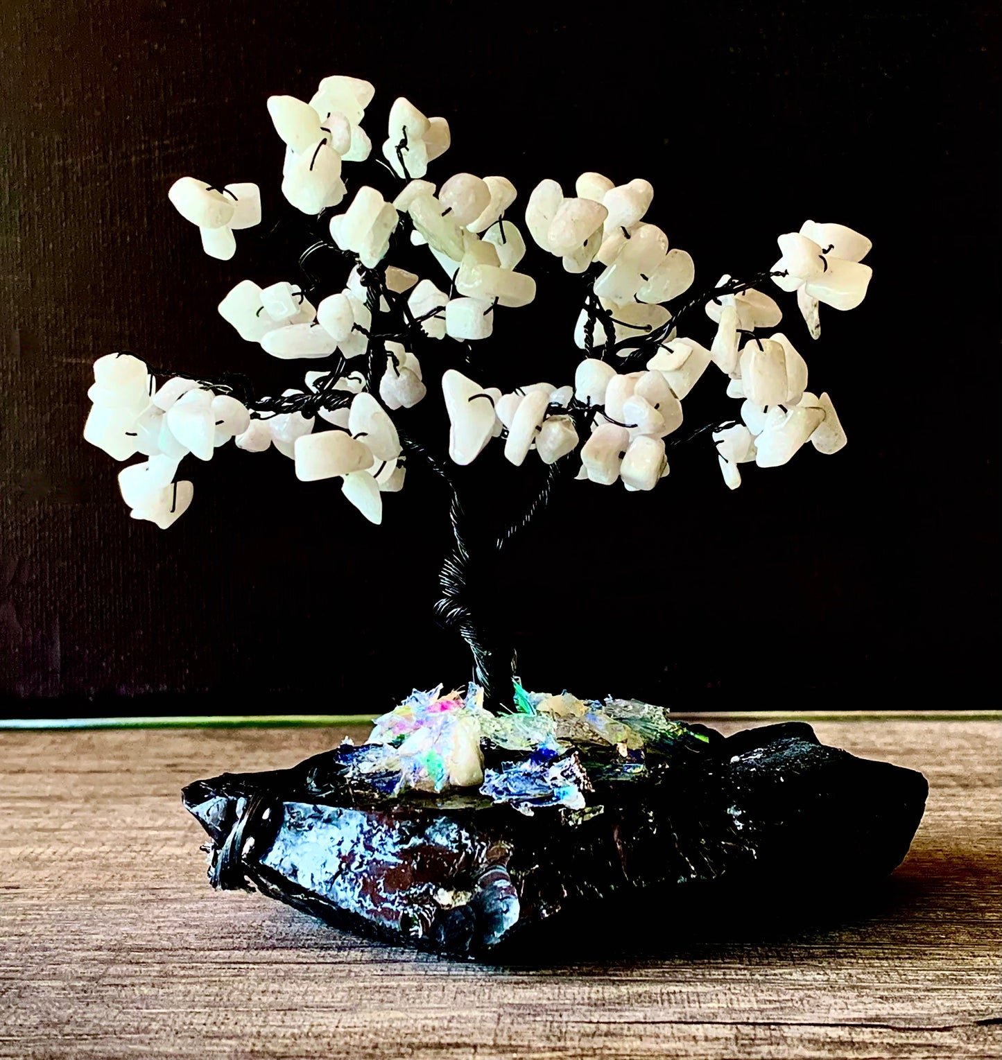 Joy- Handmade White Jade 5" Mini Gemstone Tree Sculpture Mounted on Raw Obsidian