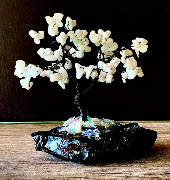 Joy- Handmade White Jade 5" Mini Gemstone Tree Sculpture Mounted on Raw Obsidian