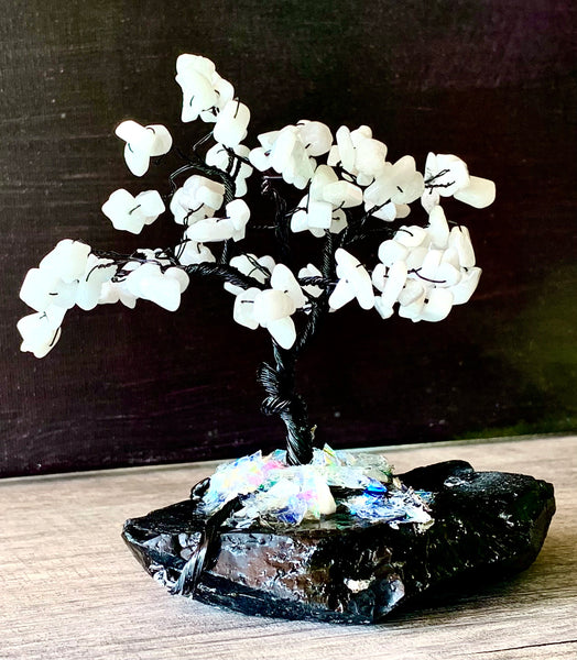 Joy- Handmade White Jade 5" Mini Gemstone Tree Sculpture Mounted on Raw Obsidian