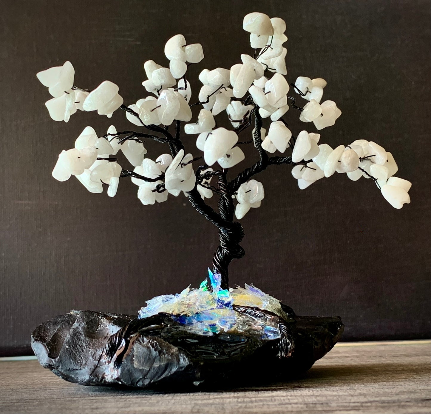 Joy- Handmade White Jade 5" Mini Gemstone Tree Sculpture Mounted on Raw Obsidian