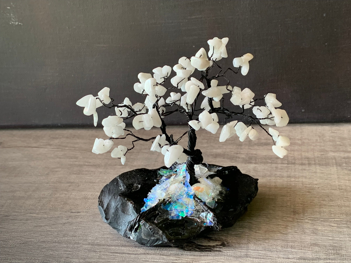 Joy- Handmade White Jade 5" Mini Gemstone Tree Sculpture Mounted on Raw Obsidian