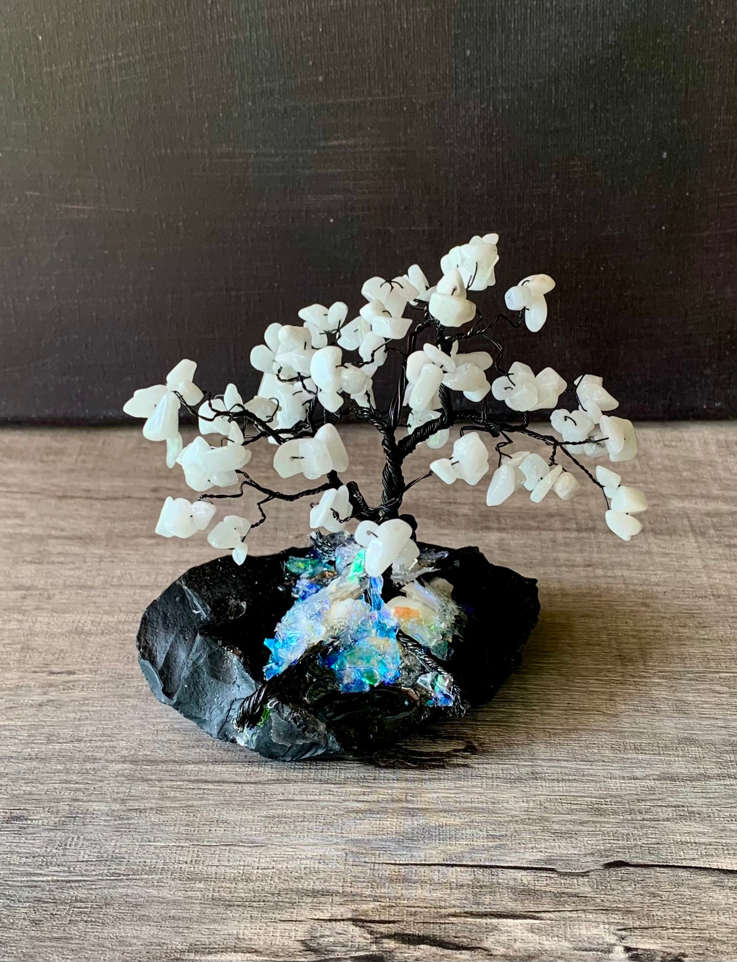 Joy- Handmade White Jade 5" Mini Gemstone Tree Sculpture Mounted on Raw Obsidian