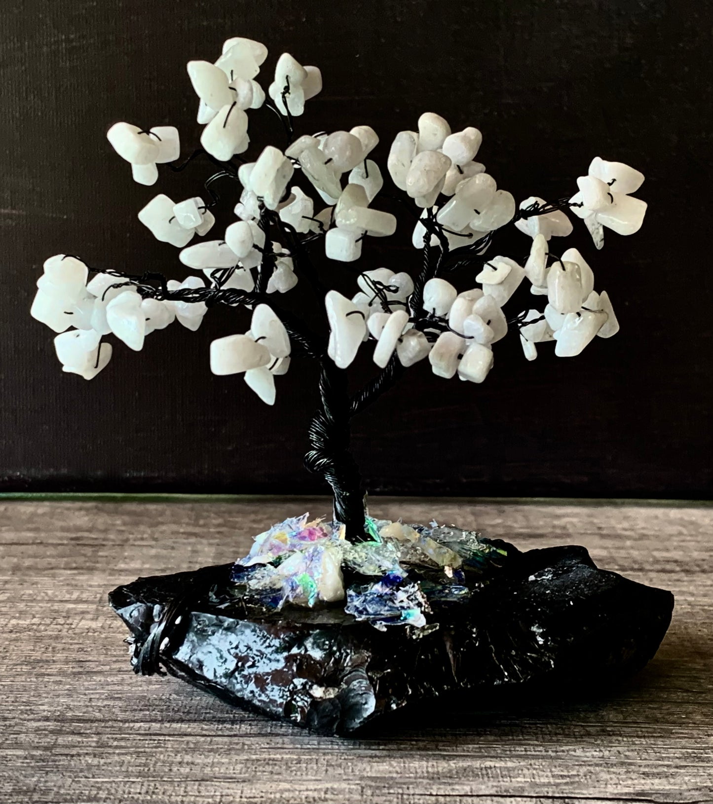 Joy- Handmade White Jade 5" Mini Gemstone Tree Sculpture Mounted on Raw Obsidian
