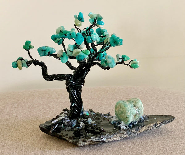 Lady Luck Handmade Amazonite and Obsidian 5" Mini Gemstone Tree Sculpture by Sharmaine Rayner