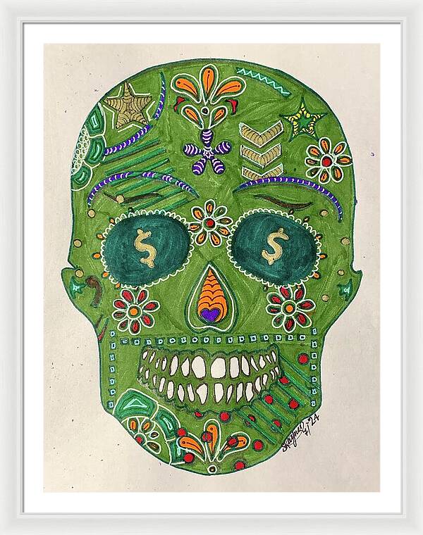 Green Machine Skull Drawing/Doodle - Framed Print