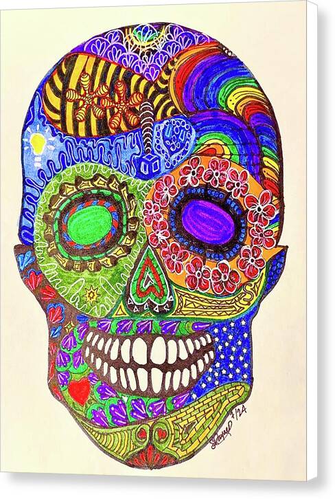 Hippy Sugar Skull Drawing/ Doodle - Canvas Print