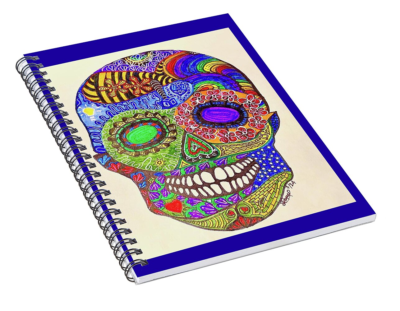 Hippy Sugar Skull Drawing/ Doodle - Spiral Notebook