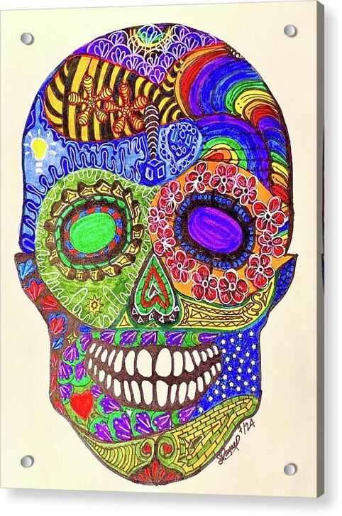Hippy Sugar Skull Drawing/ Doodle - Acrylic Print