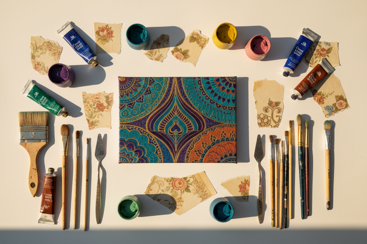 Flat lay of mixed media art supplies with finished bohemian canvas