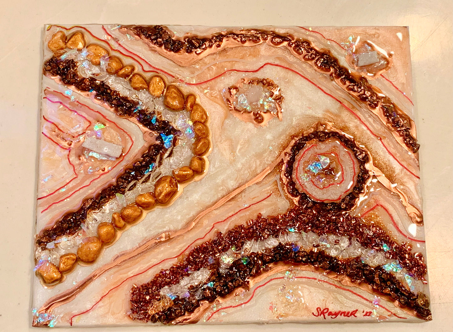 🔴SOLD🔴 Mini 8"x10" Geode Crystal Resin Glass with Druzy and Angel Aura Quartz Abstract Modern (Unframed)