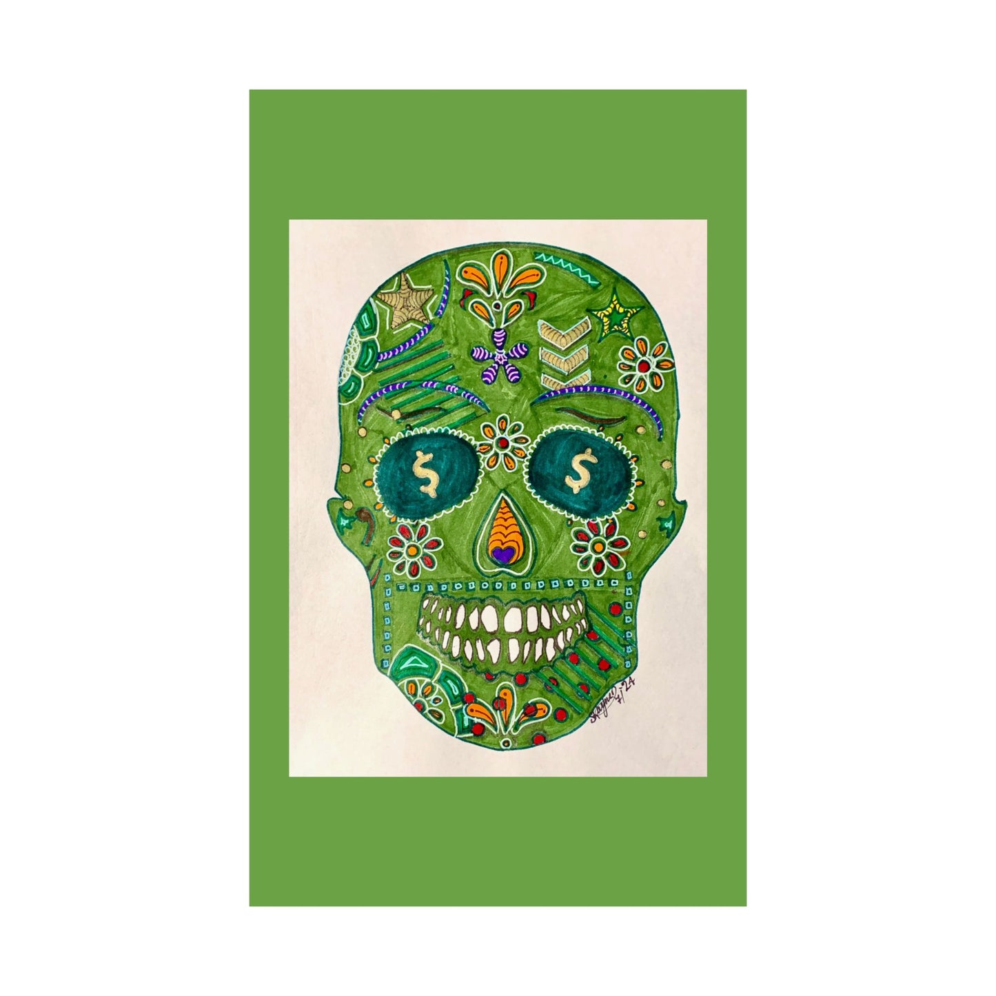 Green Machine Doodle Skull by Sharmaine Rayner Matte Vertical Posters