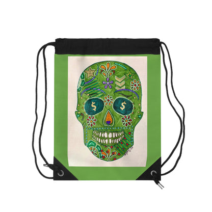 Green Machine Skull Doodle by Sharmaine Rayner Drawstring Bag