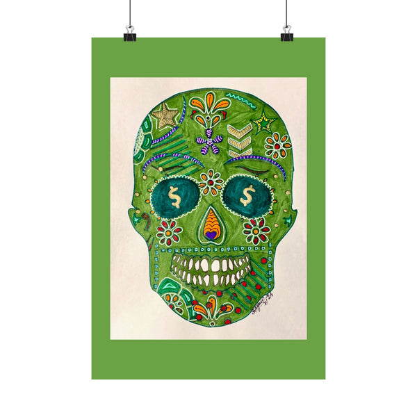 Green Machine Doodle Skull by Sharmaine Rayner Matte Vertical Posters