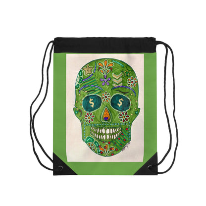 Green Machine Skull Doodle by Sharmaine Rayner Drawstring Bag
