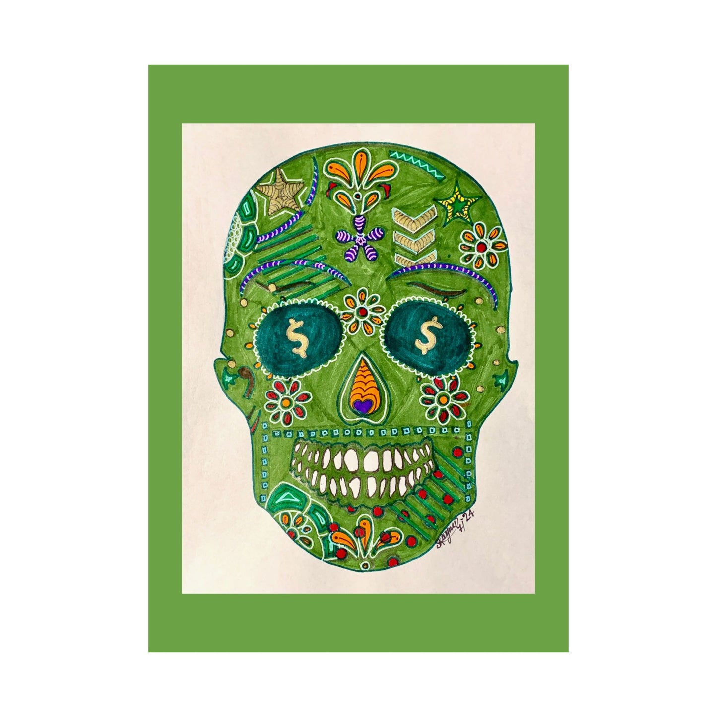 Green Machine Doodle Skull by Sharmaine Rayner Matte Vertical Posters