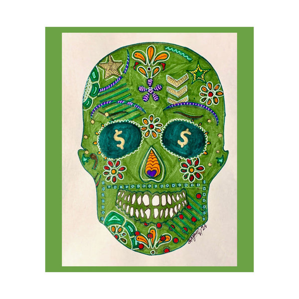 Green Machine Doodle Skull by Sharmaine Rayner Matte Vertical Posters