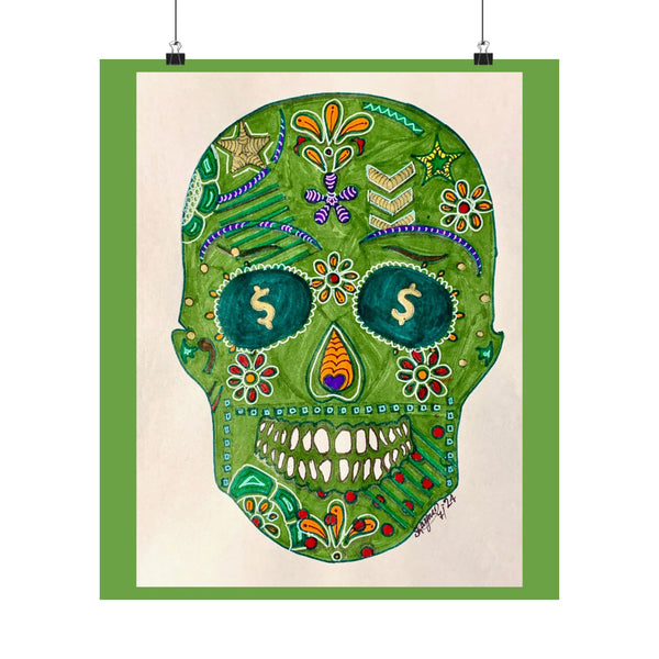 Green Machine Doodle Skull by Sharmaine Rayner Matte Vertical Posters