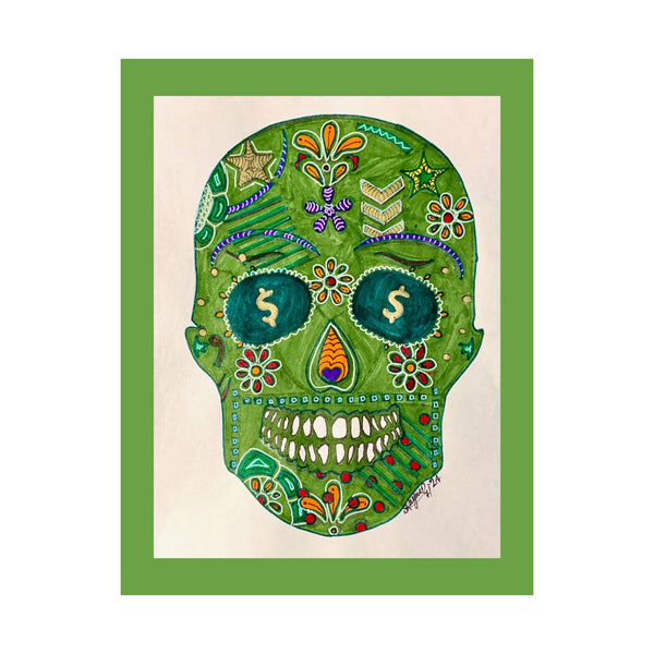 Green Machine Doodle Skull by Sharmaine Rayner Matte Vertical Posters