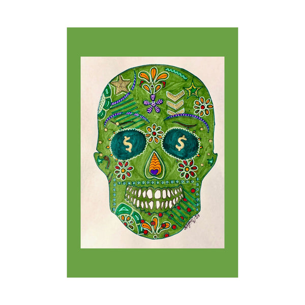 Green Machine Doodle Skull by Sharmaine Rayner Matte Vertical Posters