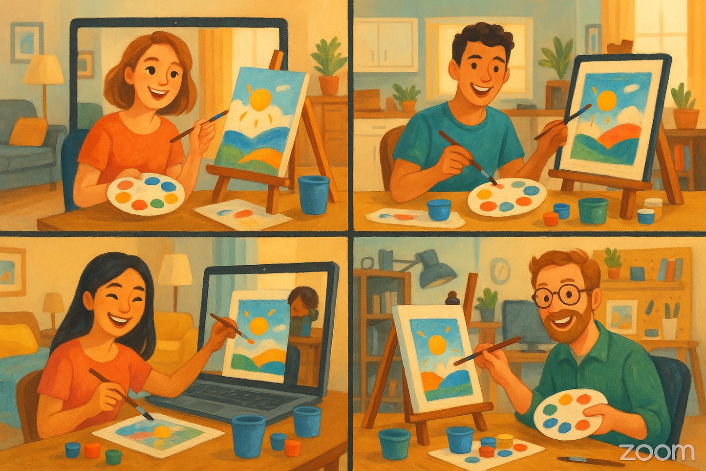 5 Person Zoom Paint Party- 5 people painting while looking at screens
