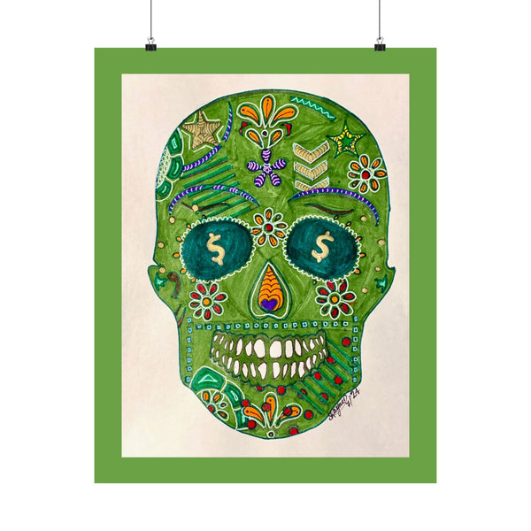 Green Machine Doodle Skull by Sharmaine Rayner Matte Vertical Posters