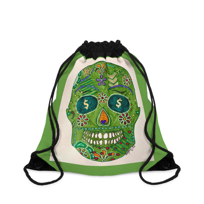 Green Machine Skull Doodle by Sharmaine Rayner Drawstring Bag