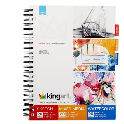 Sketch, Mixed Media & Watercolor Paper Combo - 9” x 12” - 60 Sheets