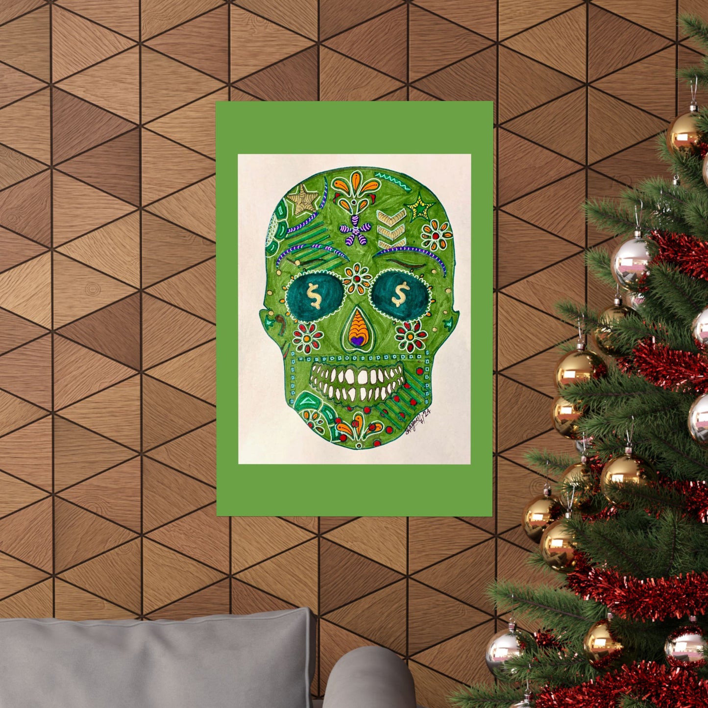 Green Machine Doodle Skull by Sharmaine Rayner Matte Vertical Posters