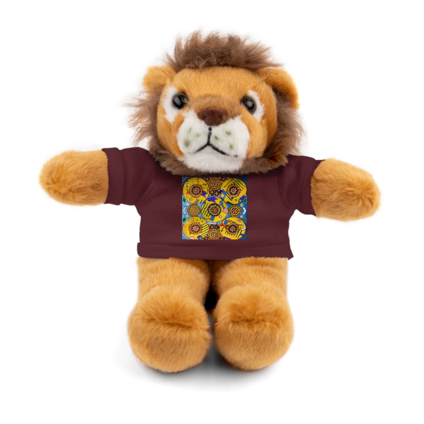 Plush lion toy wearing a maroon shirt with a colorful pattern on a white background