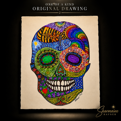 Hippy Sugar Skull Original Ink & Marker Drawing by Sharmaine Rayner