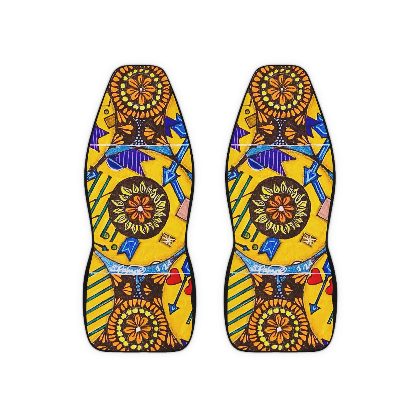 Pair of colorful sandals with geometric patterns on a white background
