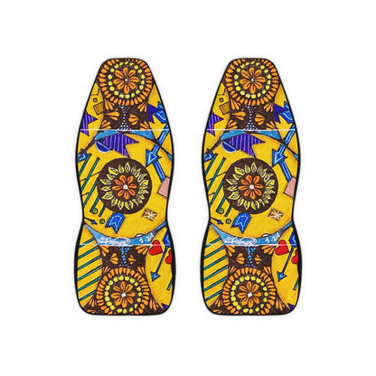 Pair of colorful sandals with geometric patterns on a white background