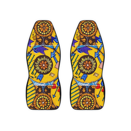 Pair of colorful sandals with geometric patterns on a white background