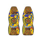 Pair of colorful sandals with geometric patterns on a white background