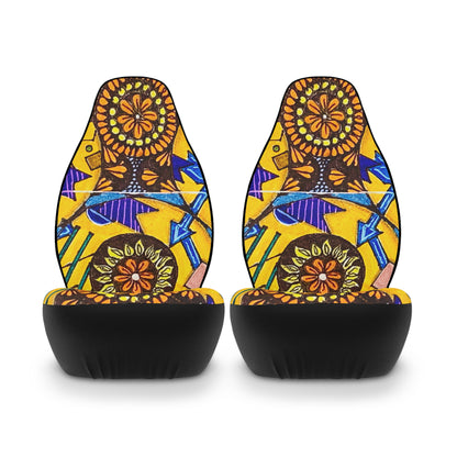 Pair of auto seat covers with Flower Doodle and patterns on a white background