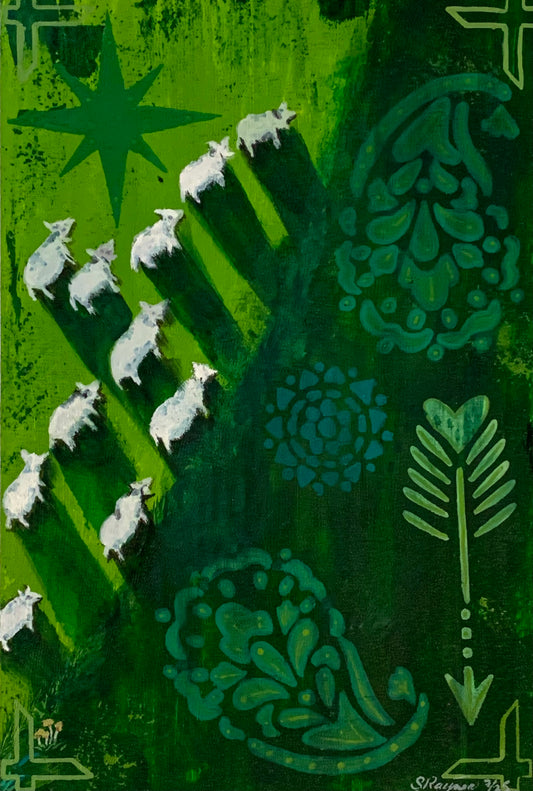 Goats in a Field Original Mixed Media Acrylic Painting