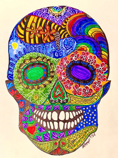 Hippy Sugar Skull Original Ink & Marker Drawing by Sharmaine Rayner