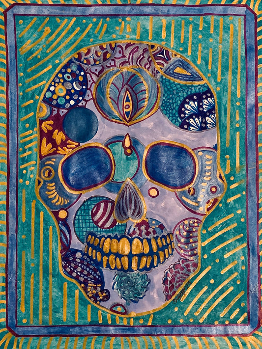 Turquoise Metallic "Sugar Skull" Drawing/ Doodle on Paper