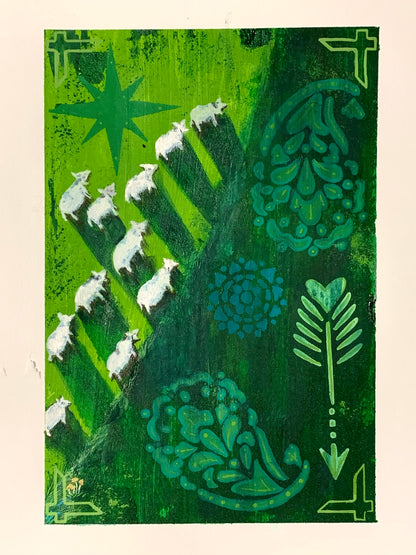 Goats in a Field Original Mixed Media Acrylic Painting