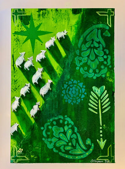 Goats in a Field Original Mixed Media Acrylic Painting