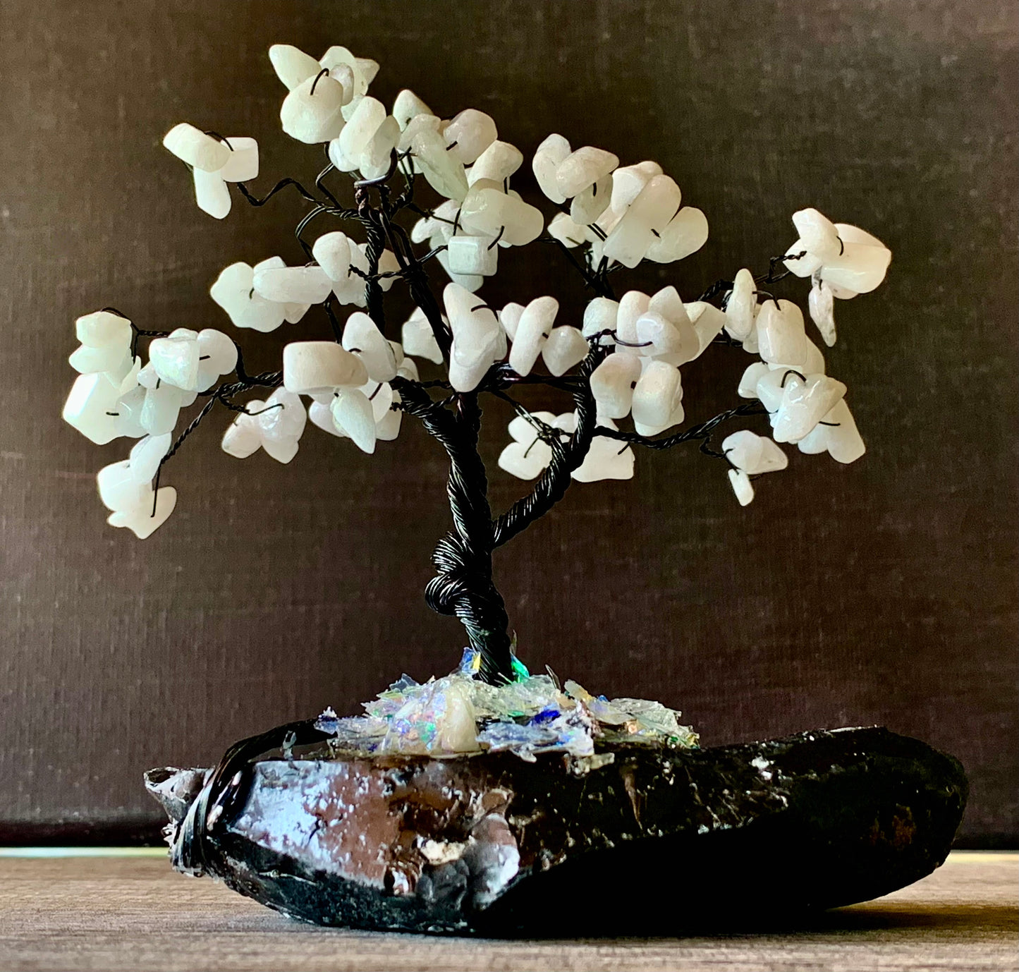 Joy- Handmade White Jade 5" Mini Gemstone Tree Sculpture Mounted on Raw Obsidian
