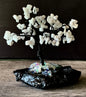 Joy- Handmade White Jade 5" Mini Gemstone Tree Sculpture Mounted on Raw Obsidian