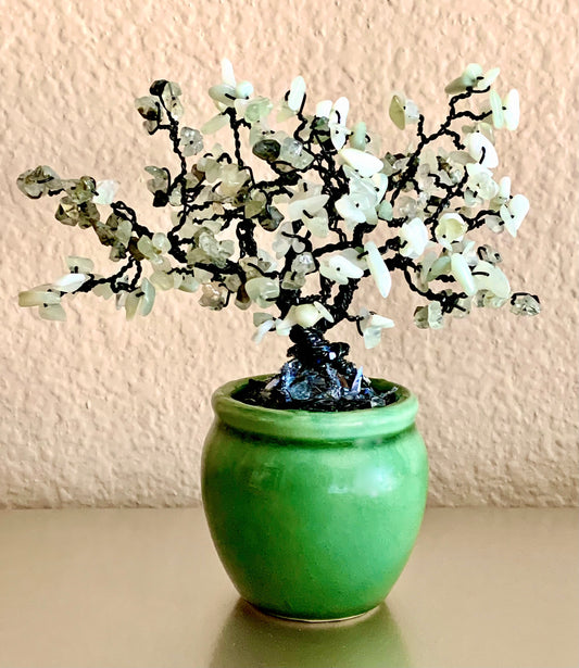 🔴SOLD🔴 Handmade Sea Foam Jade and Prehnite 6" Mini Gemstone Tree in Green Ceramic Pot